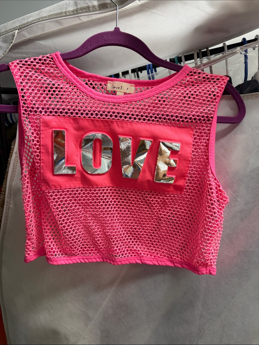 love J Hot Pink Mesh Crop Tank with Silver Metallic LOVE